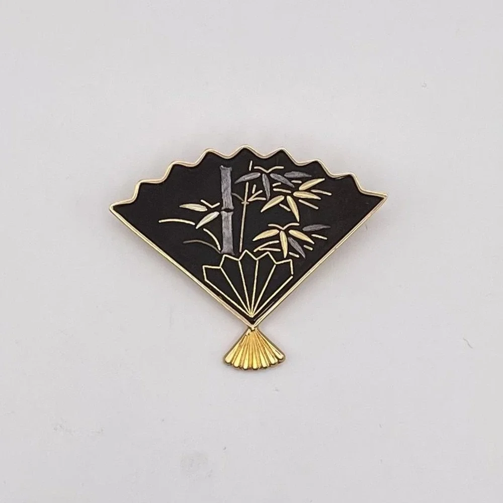 Vintage Damascene Brooch Japanese Amita Fan